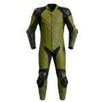 Men’s motorbike suit in camouflage green color, shown on a model to highlight full-body protective riding design.