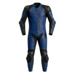 Men’s motorbike suit in deep navy blue color, shown on a model to highlight full-body protective riding design.