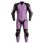 Men’s motorbike suit in pastel purple color, shown on a model to highlight full-body protective riding design.