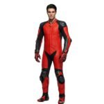 Male model wearing a men’s motorbike suit front view, showing full-length protective one-piece riding suit and fit.