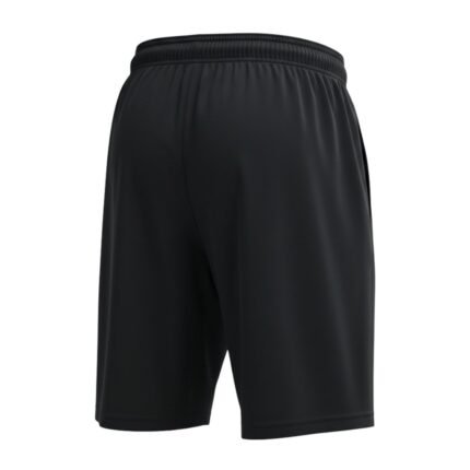 Back view of men’s soccer shorts laid flat, showing the elastic waistband, relaxed athletic fit, and smooth solid back panel.