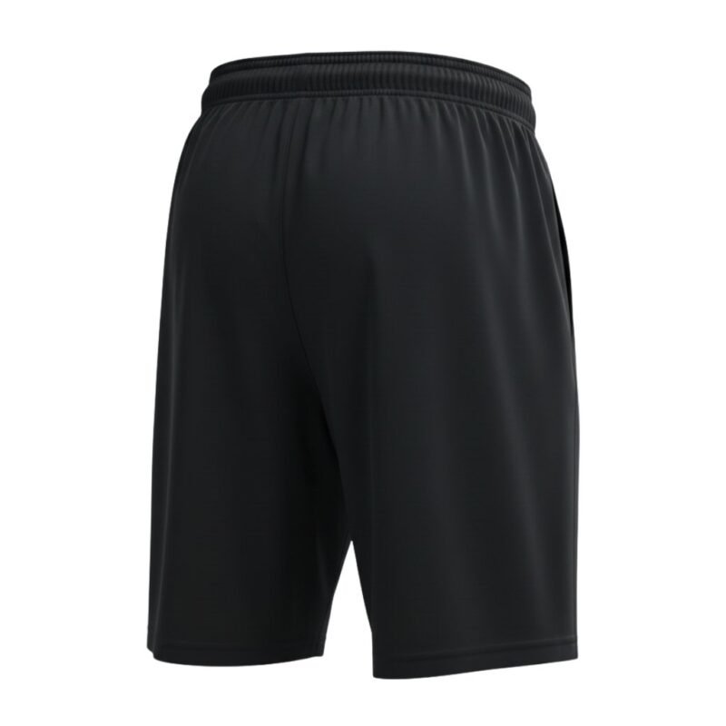 Back view of men’s soccer shorts laid flat, showing the elastic waistband, relaxed athletic fit, and smooth solid back panel.