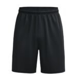 Full front view of men’s soccer shorts laid flat, featuring a mid-length athletic cut, elastic waistband, and bold logo icon on the leg.