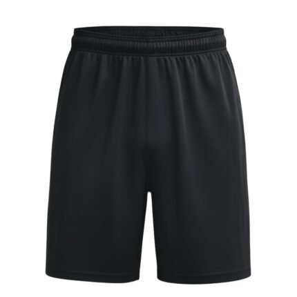 Full front view of men’s soccer shorts laid flat, featuring a mid-length athletic cut, elastic waistband, and bold logo icon on the leg.