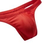 Close-up view of men’s thong swimwear fabric and front pouch
