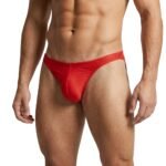 Male model wearing men’s thong swimwear, front view