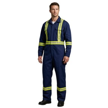 Male model wearing men’s navy industrial coveralls, standing in a relaxed pose.
