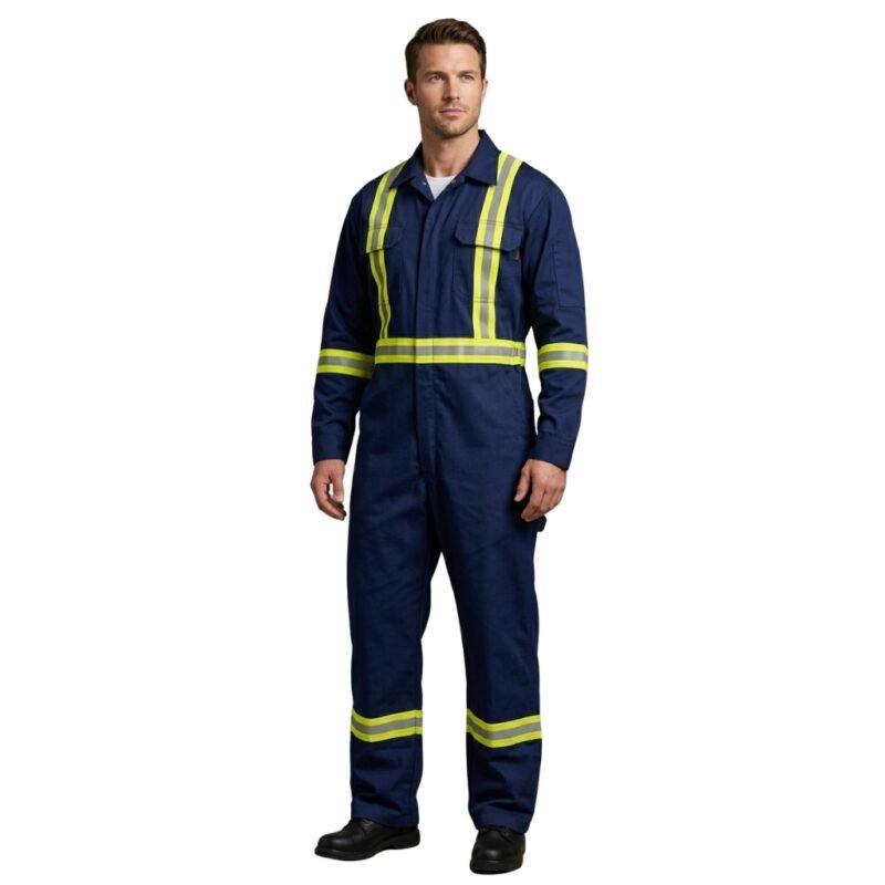 Male model wearing men’s navy industrial coveralls, standing in a relaxed pose.