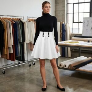 Model wearing white faux leather skirt in studio sample room
