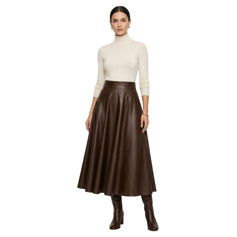 Model wearing brown leather pleated mini skirt