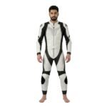 Model wearing a heated motorbike suit, standing in a riding pose to showcase the full-body heated gear.