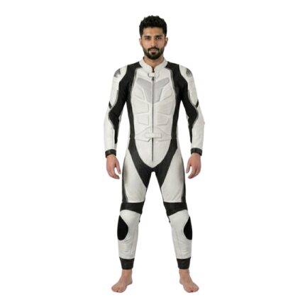 Model wearing a heated motorbike suit, standing in a riding pose to showcase the full-body heated gear.