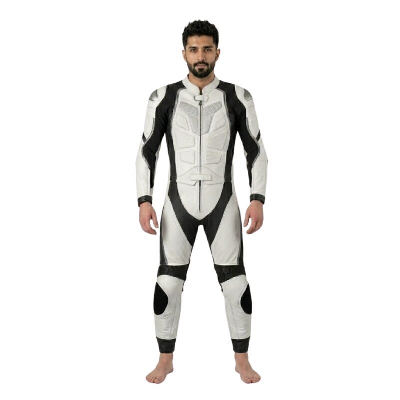 Model wearing a heated motorbike suit, standing in a riding pose to showcase the full-body heated gear.
