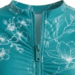 Close-up view of modest swimwear front zipper and neckline