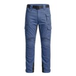 Electric blue men’s motorbike pants displayed on a plain background, showing full-length protective riding trousers.