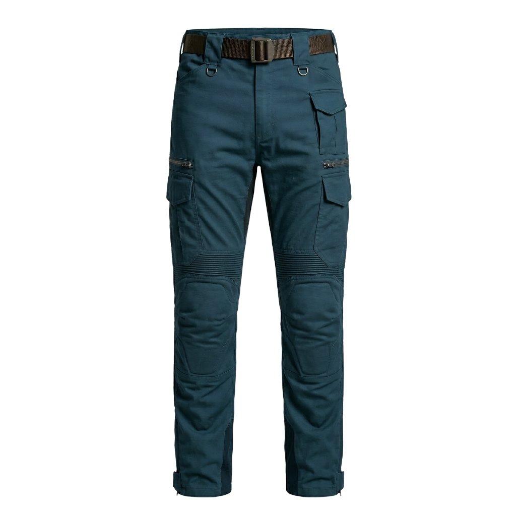 Forest teal men’s motorbike pants displayed on a plain background, showing full-length protective riding trousers.