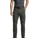 Male model wearing men’s motorbike pants front view, showing full-length protective riding trousers.