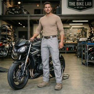 Male motorbike rider model wearing protective motorbike pants, standing in a workshop setting.