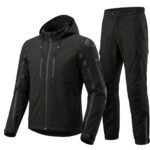 Motorbike rain suit displayed on a plain background, showing full waterproof jacket and trousers set.