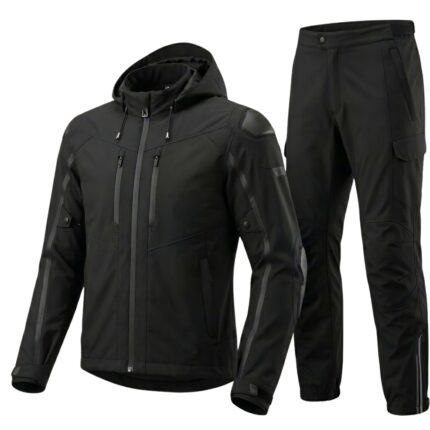 Motorbike rain suit displayed on a plain background, showing full waterproof jacket and trousers set.