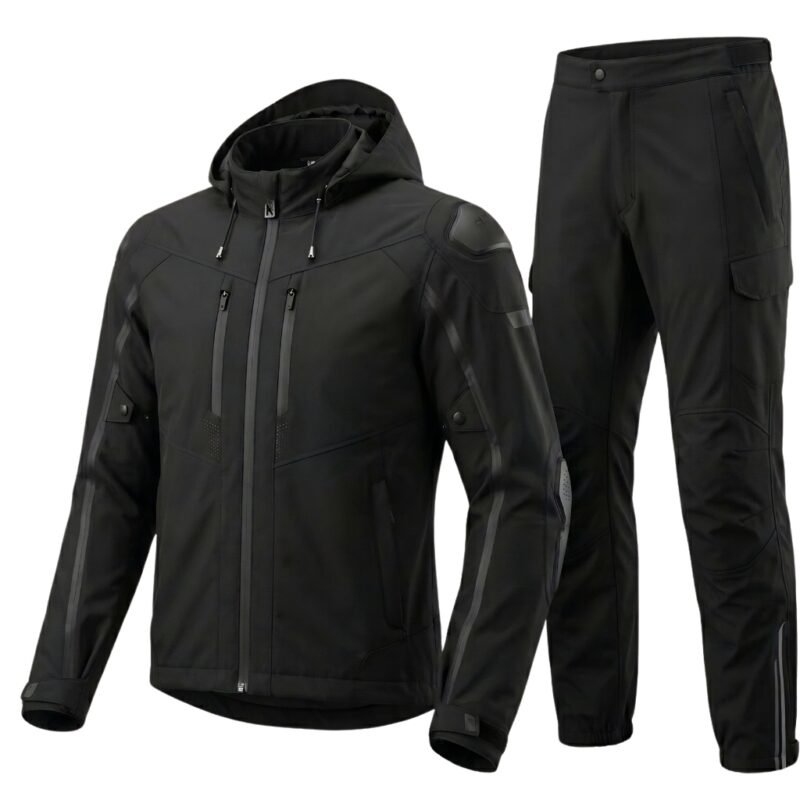 Motorbike rain suit displayed on a plain background, showing full waterproof jacket and trousers set.