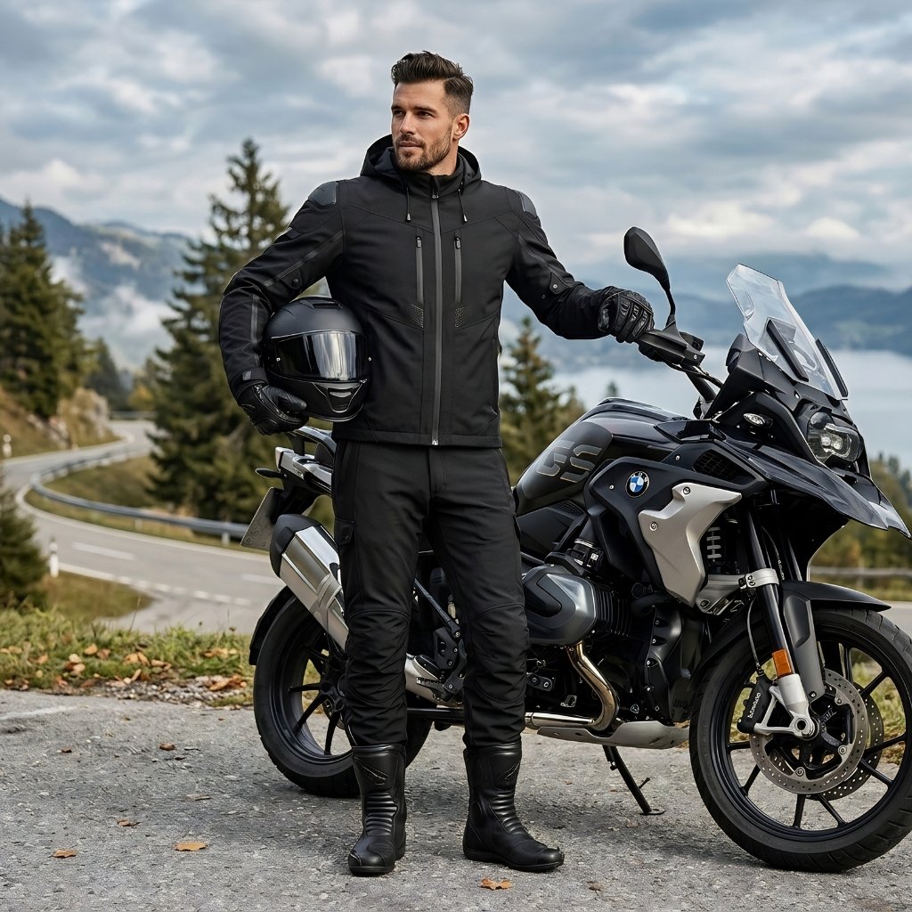 Model wearing a motorbike rain suit standing in front of a motorcycle, showcasing full waterproof riding gear.