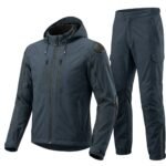 Dark blue-gray motorbike rain suit displayed on a plain background, showing full waterproof jacket and trousers set.