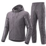 Dark cool gray motorbike rain suit displayed on a plain background, showing full waterproof jacket and trousers set.