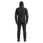 Model wearing a motorbike rain suit back view, showing full waterproof jacket and trousers from behind.
