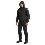 Model wearing a motorbike rain suit front view, showing full waterproof jacket and trousers.