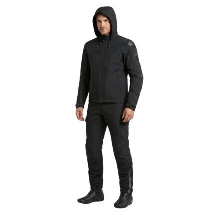 Model wearing a motorbike rain suit front view, showing full waterproof jacket and trousers.