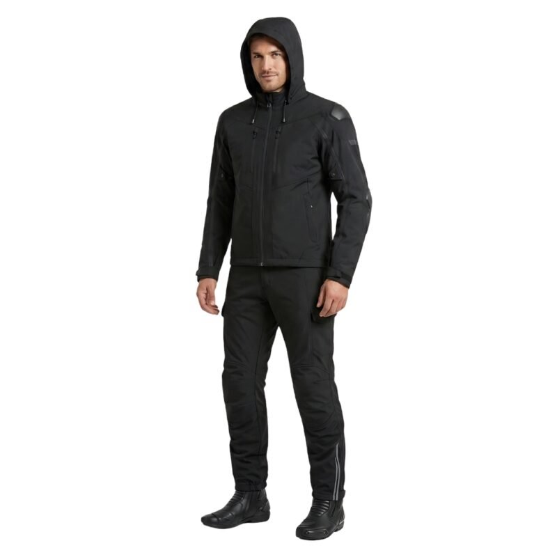Model wearing a motorbike rain suit front view, showing full waterproof jacket and trousers.