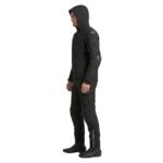 Model wearing a motorbike rain suit side view, showing the full waterproof jacket and trousers profile.