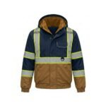 Navy and brown industrial workwear jacket with front zipper, chest pockets, and contrasting panels.