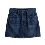 Custom navy blue colored denim mini skirt in trendy Y2K retro style, manufactured by Eco Jersey Limited