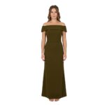 Another model wearing an olive green off-the-shoulder dress.