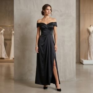Off-the-shoulder dress on a fashion model with a stylish background.