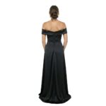 Back view of a model wearing an off-the-shoulder dress.