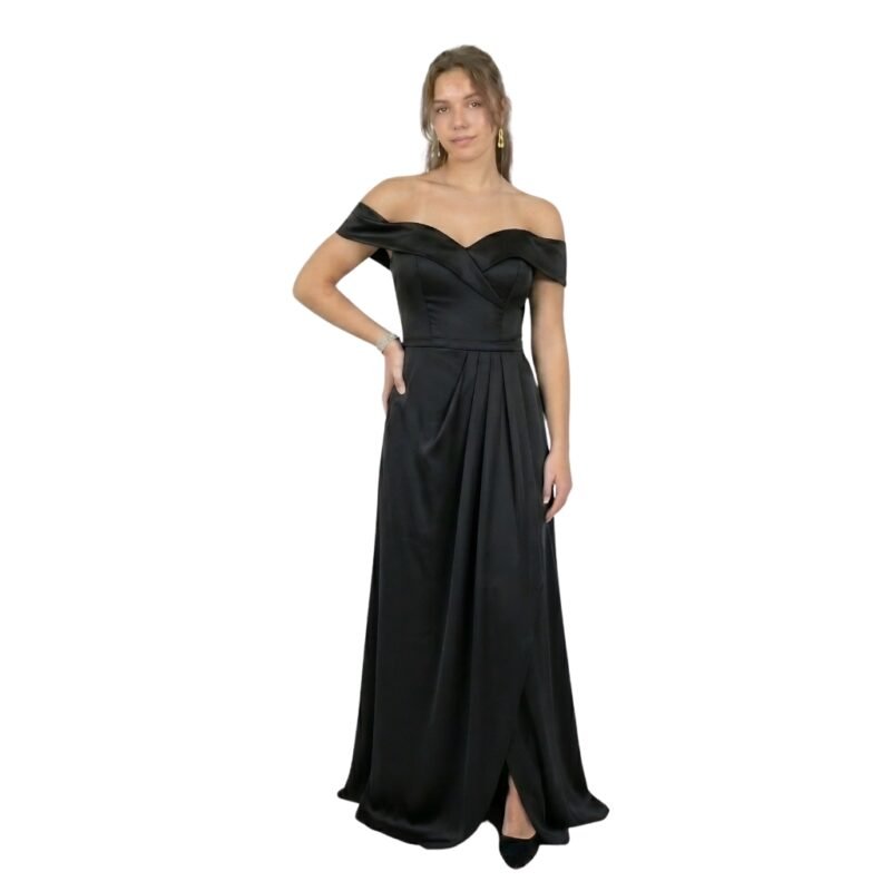 Front view of a model wearing an off-the-shoulder dress.
