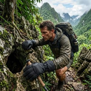 Hiker wearing outdoor research gloves while checking a map in the mountains.