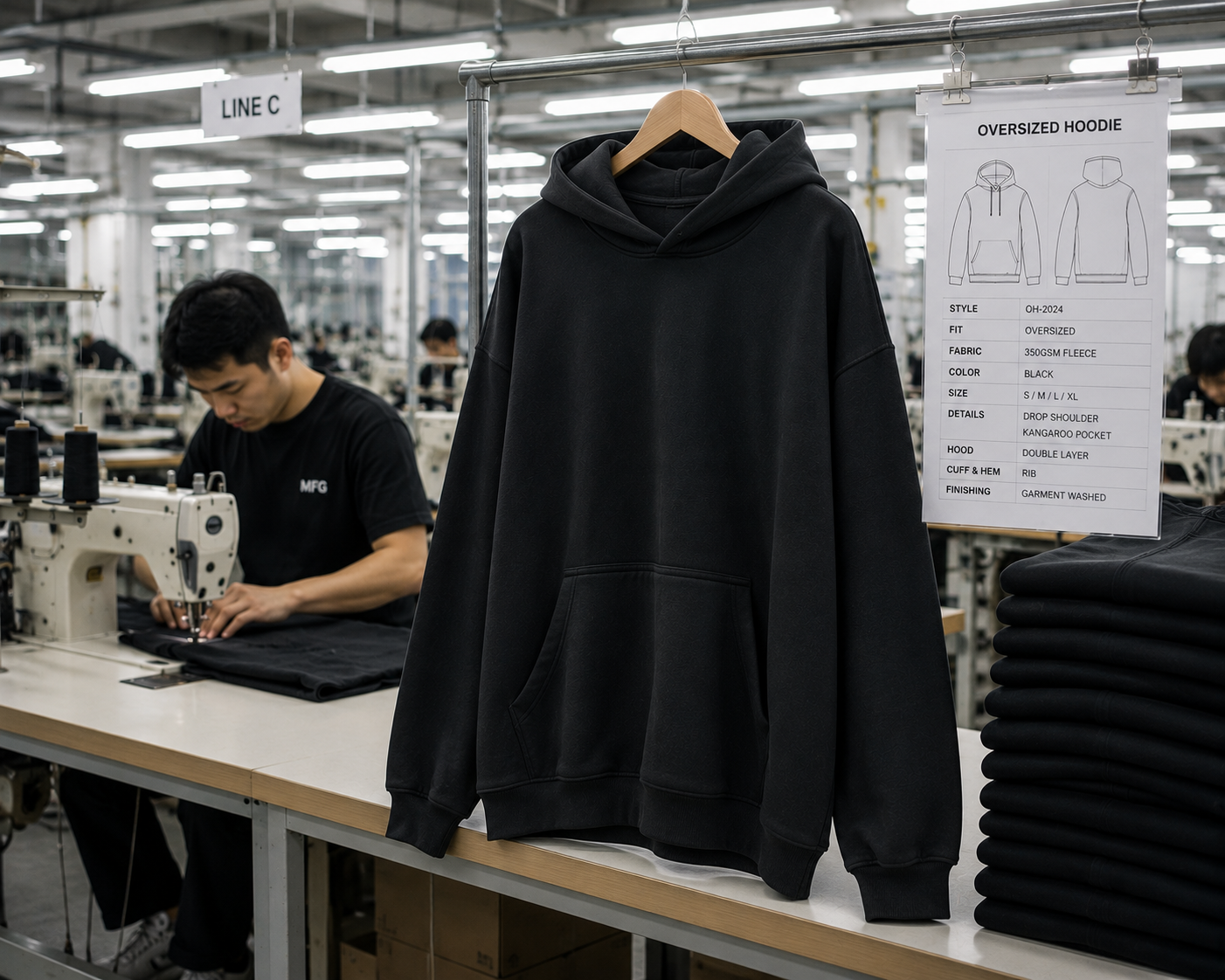 Oversized hoodie in production at Eco Jersey Limited's manufacturing facility showing quality control process