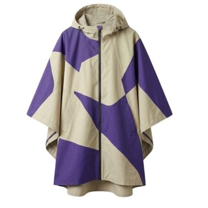 Waterproof rain poncho laid flat, showing hood, wide sleeves, and front placket design.