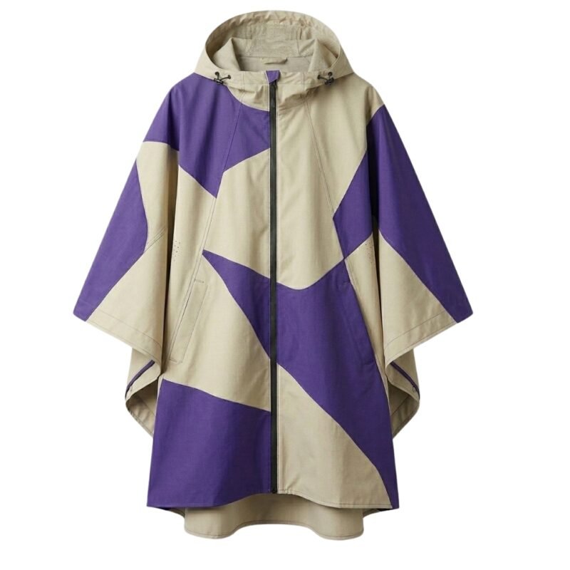 Waterproof rain poncho laid flat, showing hood, wide sleeves, and front placket design.