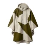 Waterproof rain poncho in dark olive brown color laid flat, showing hood, wide sleeves, and front placket design.