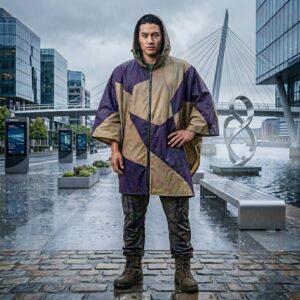 Male model wearing a waterproof rain poncho, standing in the rain with a blurred rainy city background.