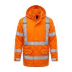 Custom hi-vis orange reflective safety jacket with silver reflective strips and multiple pockets – custom workwear