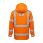 Custom orange hi-vis reflective safety jacket back view showing X-pattern silver reflective strips – workwear