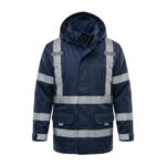 Custom navy blue hi-vis reflective safety jacket with silver reflective strips and multiple pockets – custom workwear
