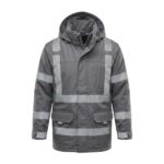 Custom gray hi-vis reflective safety jacket with silver reflective strips and multiple pockets – custom workwear
