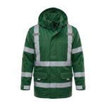 Custom green hi-vis reflective safety jacket with silver reflective strips and multiple pockets – custom workwear